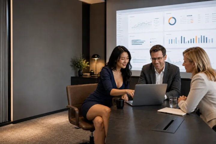 Professionals reviewing a digital project in a modern office